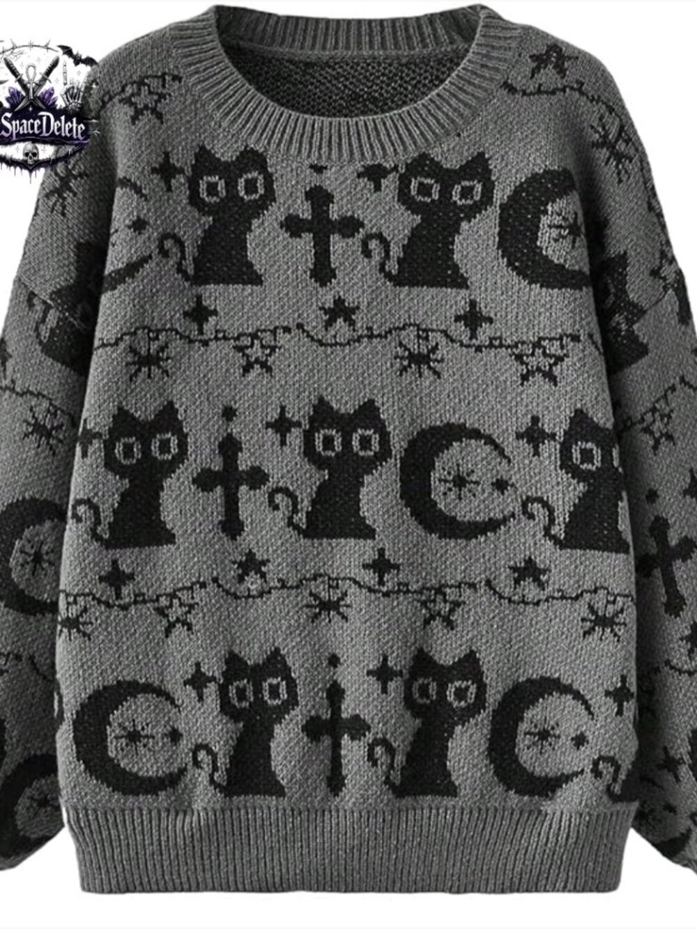 Goth Cartoon Pattern Sweater Pullover Long Sleeve Crewneck Knit Top